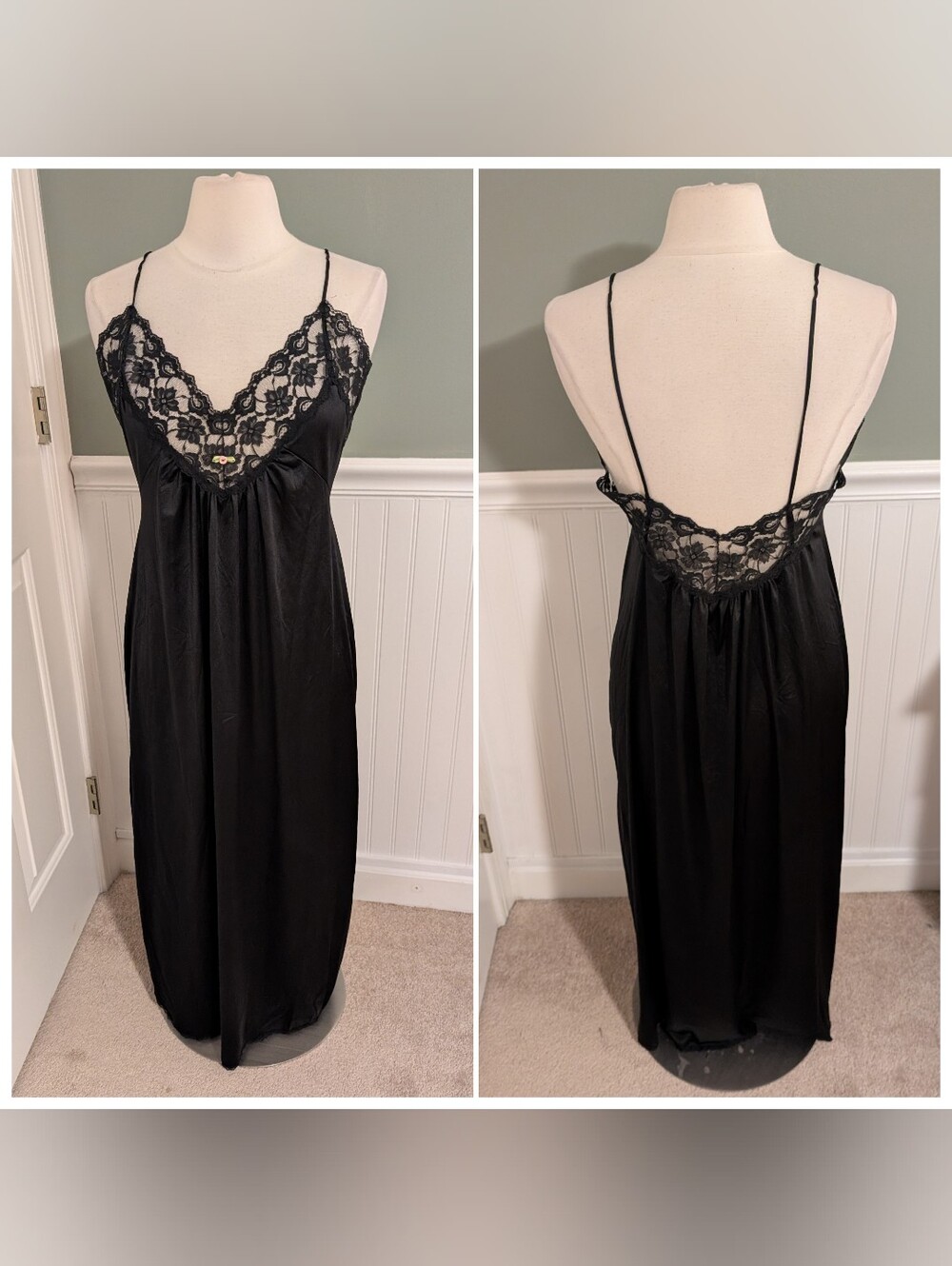 Vintage Lorraine Black Lace Long Nightgown – Medium – Made in USA